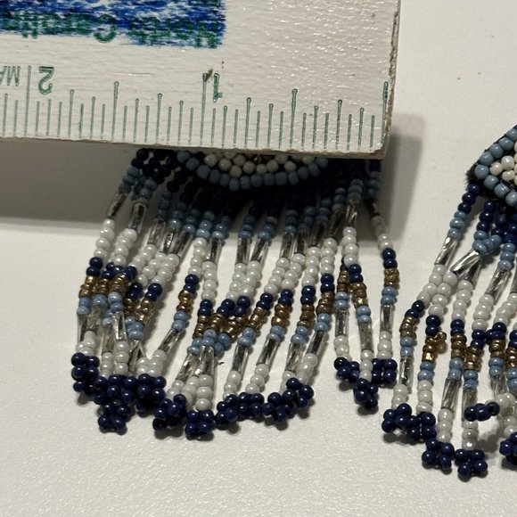 Evil Eye Pierced Earrings Large Statement Seed Bead on Leather Dangle Blue - Picture 4 of 4